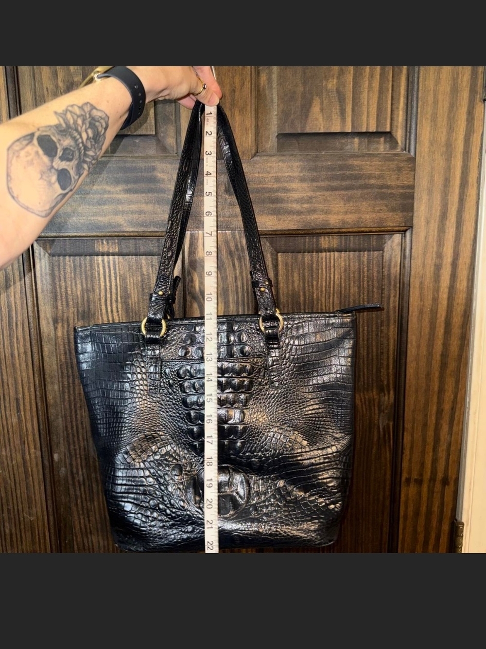 Brahmin Black Croc-Embossed Leather Tote with Tassel - Picture 3 of 5